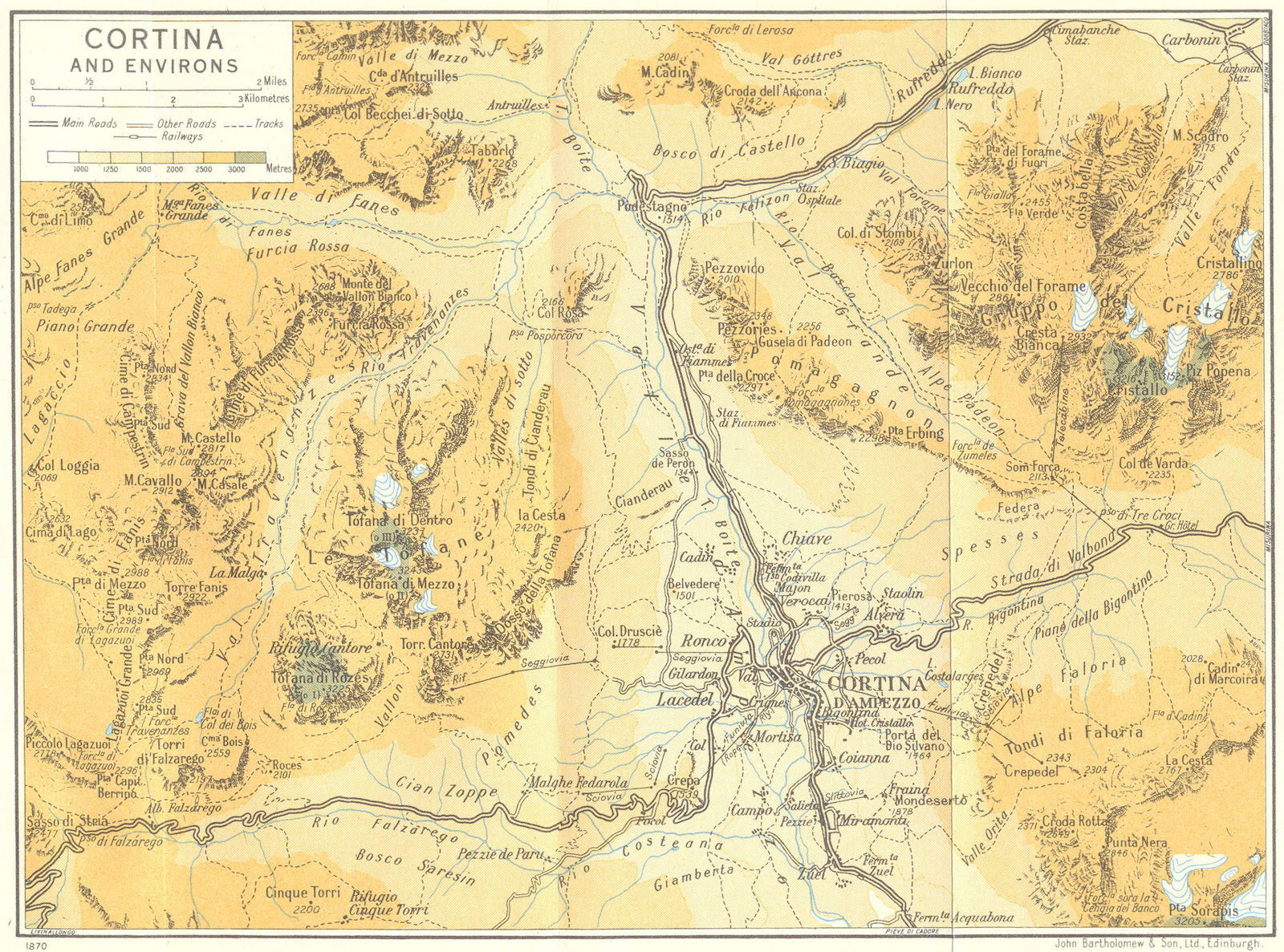 Cortina and Environs. Dolomites 1960 old vintage map plan chart